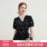 范思蓝恩23FS12642茶歇法式碎花连衣裙女夏季新款V领沙滩长裙 黑底白花 L