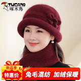 啄木鸟帽子女中老年人妈妈冬季新款保暖老人奶奶秋冬天老太太针织毛线帽 枣红色【帽子】+围巾 均码高弹/加绒加厚