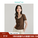 茵曼（INMAN）撞色罗纹棉女装U领短袖T恤修身气质通勤2026夏季新款短款上衣 深咖啡 S