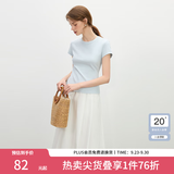 范思蓝恩正肩短袖T恤女2025夏新款修身显瘦设计感圆领上衣2113 蓝色 M