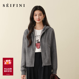 诗凡黎（‘S EIFINI）孟子义代言抽绳双拉链连帽针织衫2025冬新款韩系慵懒红色毛衣外套 灰色 S
