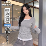 唐狮（TonLion）长袖t恤女士春秋新款假两件正肩修身打底衫显瘦辣妹风上衣服女装