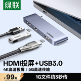 绿联Type-C扩展坞USB-C转HDMI高清4K投屏转换器多个USB分线器直插式拓展坞适用苹果MacBook笔记本平板