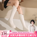 达芙妮厚底V口长筒靴女2026秋冬爆款女靴高筒靴显瘦百搭增高骑士靴子女 米白色 37