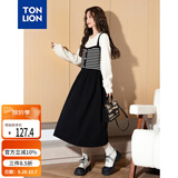 唐狮（TonLion）2026秋冬新款黑色条纹假两件连衣裙女气质黑白韩系长裙