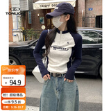 唐狮（TonLion）2026秋冬季女立领拉链袖子拼接长袖T恤气质显瘦百搭松弛韩版潮