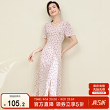 尚都比拉夏季V领碎花连衣裙中长款收腰显瘦气质印花裙子 粉底花色 S 