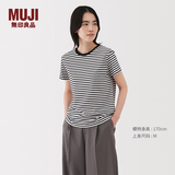 MUJI女式 天竺编织 圆领短袖T恤 上衣打底衫女款25年夏季女装内搭 黑色条纹 BB2SBA5S M (160/84A)