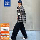 唐狮（TonLion）秋冬女左胸小标格子翻领长袖衬衫百搭时尚潮流韩系松弛