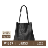 裘真008水桶包女斜挎通勤大容量真皮复古小众植鞣牛皮包包 黑色-大号