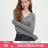 范思蓝恩秋季V领套头百搭长袖针织T恤女秋季2024新款通勤修身针织衫上衣 高级灰 XL