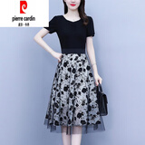 皮尔卡丹（pierre cardin）假两件裙夏季新款2026年女装气质V领短袖拼接网纱印花连衣裙 黑色 3XL (建议143-160斤)