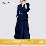 MeetMetro玛依尔西装连衣裙女2026秋季新款质感职业通勤百褶裙 藏青【现货】 M
