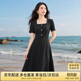 尚都比拉短袖连衣裙女夏季复古赫本风气质通勤裙子中长款A字裙 雅黑色 S