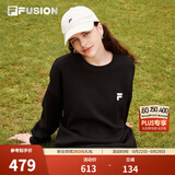 FILA FUSION斐乐潮牌套头保暖卫衣男女情侣装秋冬宽松双拉链长袖T恤衫 正黑色-BK 2XL