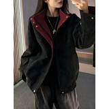 杜小闲美式复古撞色扎染皮衣外套男春秋季设计感正肩立领夹克短款棒球服 黑色 撞色复古出片 XL 身高175-180cm体重140-155斤