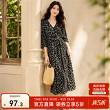 尚都比拉度假风碎花连衣裙女夏天V领气质中长裙收腰A字雪纺裙子 黑花 S