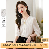 尚都比拉时尚洋气圆领七分袖雪纺衫女秋高级少女感气质通勤上衣 白色 XL