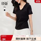 欧莎（OSA）收腰V领新疆棉短袖t恤女夏季2025年新款内搭正肩小白T上衣 黑色 XS