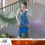 两三事度假超仙的裙子女夏季紫色油画艺术吊带海边连衣裙云雾睡莲 蓝色 M