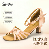 三沙（Sansha）拉丁舞鞋女中跟缎面交谊舞伦巴恰恰舞鞋缎带凉鞋女BR31016S 肉色-7.5cm 37