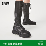 Semir官方正品切尔西靴女靴春秋季新款骑士靴增高显瘦长筒系带弹力靴女 黑色 37