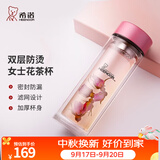 希诺（heenoor）双层玻璃杯家用女士带滤网个性潮流清新花茶杯隔热防烫便携水杯 水晶粉300ml