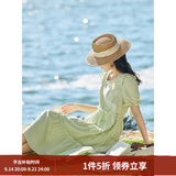 茵曼（INMAN）七七同款连衣裙2026夏女装新款田园纯棉提花方领A字泡泡袖蛋糕裙 淡绿色 74.6%粘纤 25.4%棉  S