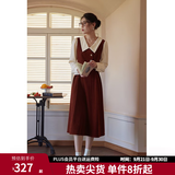 独束大码女装假两件撞色衬衫领连衣裙女秋冬微胖mm文艺复古穿搭裙子 勃艮第红【适合165左右】 2XL