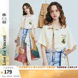 两三事梵高文艺 弦外智音 2026夏季新款彩绳绑带领印花短袖t恤女 米杏色-y M