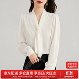 尚都比拉通勤飘带领白色衬衫女秋季上衣珍珠扣设计气质休闲时尚洋气衬衣