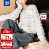 唐狮（TonLion）针织毛衣女秋冬V领短款条纹毛绒长袖上衣早秋宽松软糯针织衫