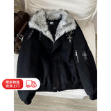 Shelley Jones黑色美式复古十字架座山雕外套棉服男款冬季加厚保暖毛领棉衣夹克 黑色 L [推荐100-120斤]