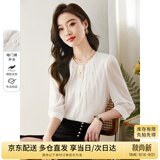尚都比拉时尚洋气圆领七分袖雪纺衫女秋高级少女感气质通勤上衣 白色 S