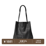 裘真008水桶包女斜挎通勤大容量真皮复古小众植鞣牛皮包包 黑色-大号