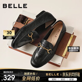 百丽羊皮英伦风乐福小皮鞋2026新款春平底豆豆女单鞋JD021AA6 黑色 36