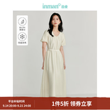 茵曼（INMAN）法式U领莱赛尔女装连衣裙立体花苞袖系带收腰2025夏新品长裙 梨花杏 L