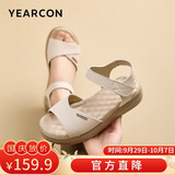 意尔康女鞋一字带露趾凉鞋牛皮通勤百搭休闲妈妈凉鞋 27586W 米白 35