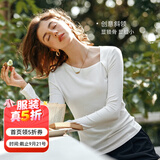 Olrain【5折】法式通勤长袖T恤秋季女装斜肩设计感打底衫质感上衣 米白色 L