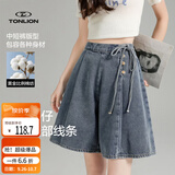 唐狮（TonLion）2026夏季新款女牛仔中短裤系带设计复古高腰裙裤宽松显瘦