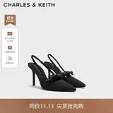 CHARLES&KEITH缎面蝴蝶结尖头高跟凉鞋女生日礼物送女友CK1-60361556 BLACK TEXTURED黑色纹理 35