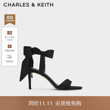CHARLES&KEITH一字带缎面蝴蝶结绑带高跟凉鞋子女鞋生日礼物送女友CK1-61720177 BLACK TEXTURED黑色纹理 37