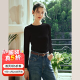 Olrain【5折】纯色坑条长袖T恤女春冬新款修身显瘦上衣内搭打底衫 黑色 M