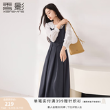 香影法式娃娃领收腰连衣裙女2026秋装新款灰色通勤假两件长袖裙子 中灰 M 160/84A/95-110斤
