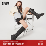 Semir官方正品时装靴女靴春秋季新款潮流休闲高帮系带机车靴长筒靴女 黑色 36