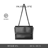 INJOYLIFE流浪包小众软皮通勤包机车大容量单肩包双链条女包牛皮方包 黑色