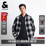 杰克·琼斯（JACK&JONES）秋季毛呢外套男士短款休闲夹克宽松含羊毛字母格纹外套男装衣服 S03黑色 常规 略宽松，卡码拍小 XL （185）