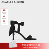 CHARLES&KEITH一字带缎面蝴蝶结绑带高跟凉鞋子女鞋生日礼物送女友CK1-61720177 BLACK TEXTURED黑色纹理 37