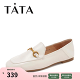 他她（TATA）方头乐福鞋女休闲平底一脚蹬小皮鞋女单鞋春秋款FLC22AM5 米色 35