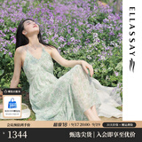 歌力思（ELLASSAY）【卢昱晓同款】夏新品法式碎花茶歇裙薄荷曼波度假吊带连衣裙女 绿混搭 M